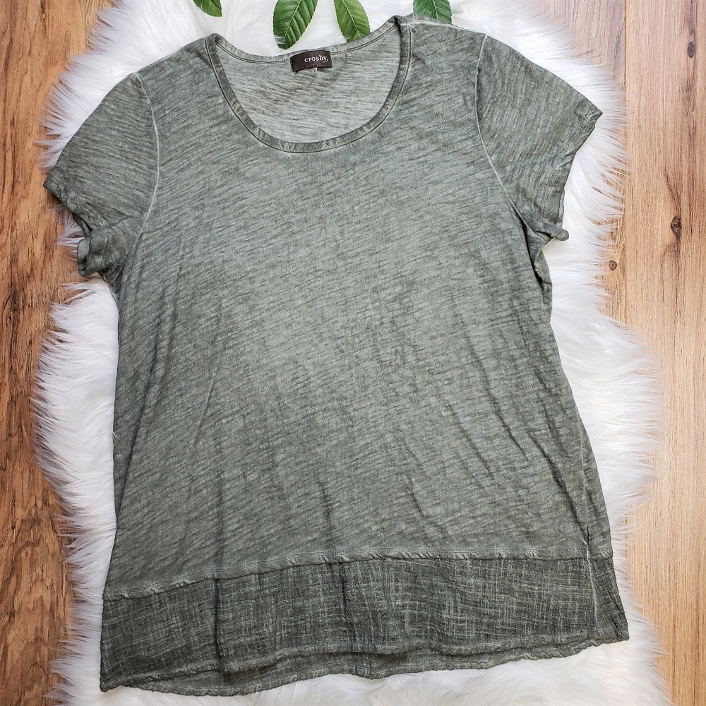 crosby. Cotton Tee Shirt Linen Hem Olive Green
